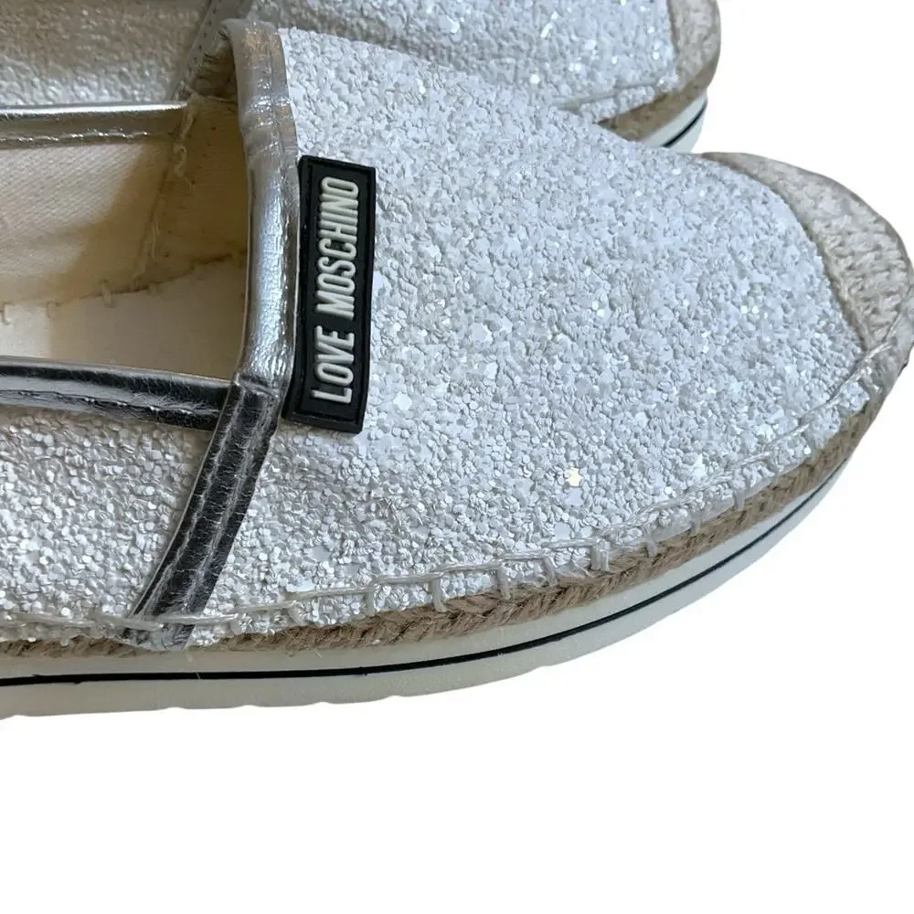 Love Moschino White Glitter Espadrille Platform Slip On Loafers Silver Women’s 6